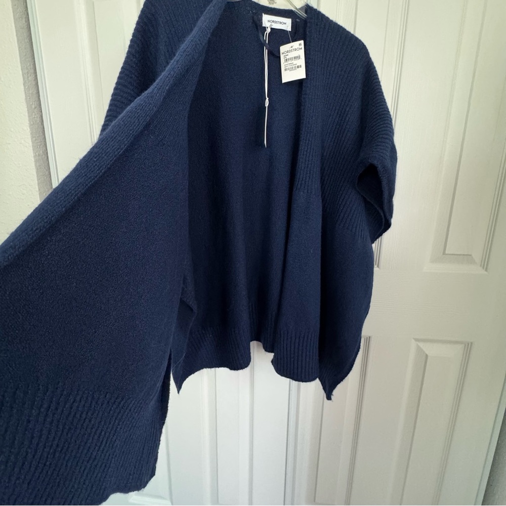 Nordstrom Ribbed Blue Stretch Polyester Blend Ruana Poncho Size OS New - Picture 5 of 15